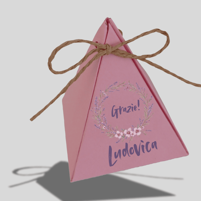 Portaconfetti piramide rosa lavanda personalizzata con nome Ludovica, grafica floreale e scritta Grazie