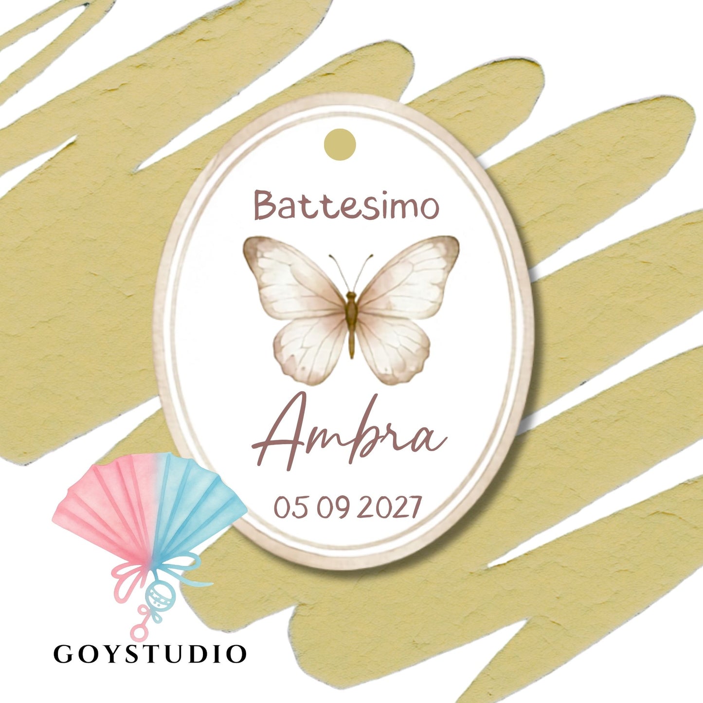 bigliettino per confetti con foro per nastrino e una delicata farfalla al centro. personalizzata con battesimo, Ambra 5 7 2027