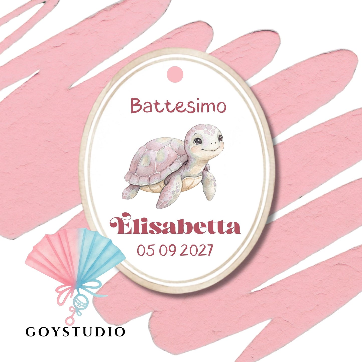 etichetta con foro per bomboniera battesimo bimba con stampa di una piccola tartaruga rosa personalizzata con il testo battesimo. elisabetta. 5 luglio 2027