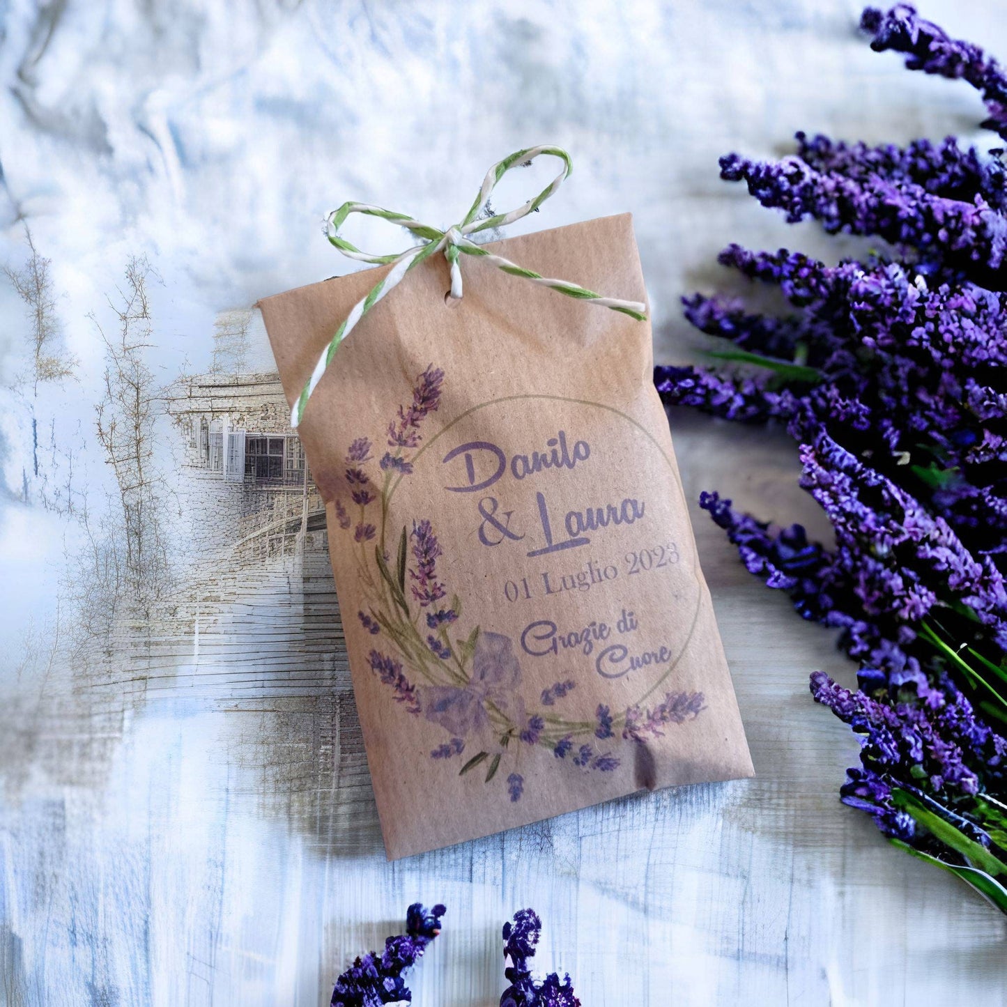 50 Sacchetti i carta Kraft stampa personalizzata stile lavanda, rose e bouquet fiori
