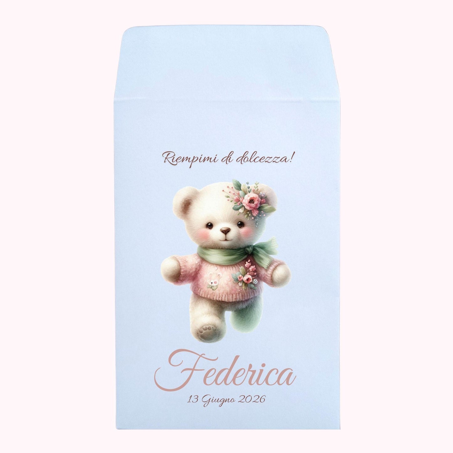 50 sacchetti carta bianca per confettata di Nascita o Battesimo con messaggio personalizzato