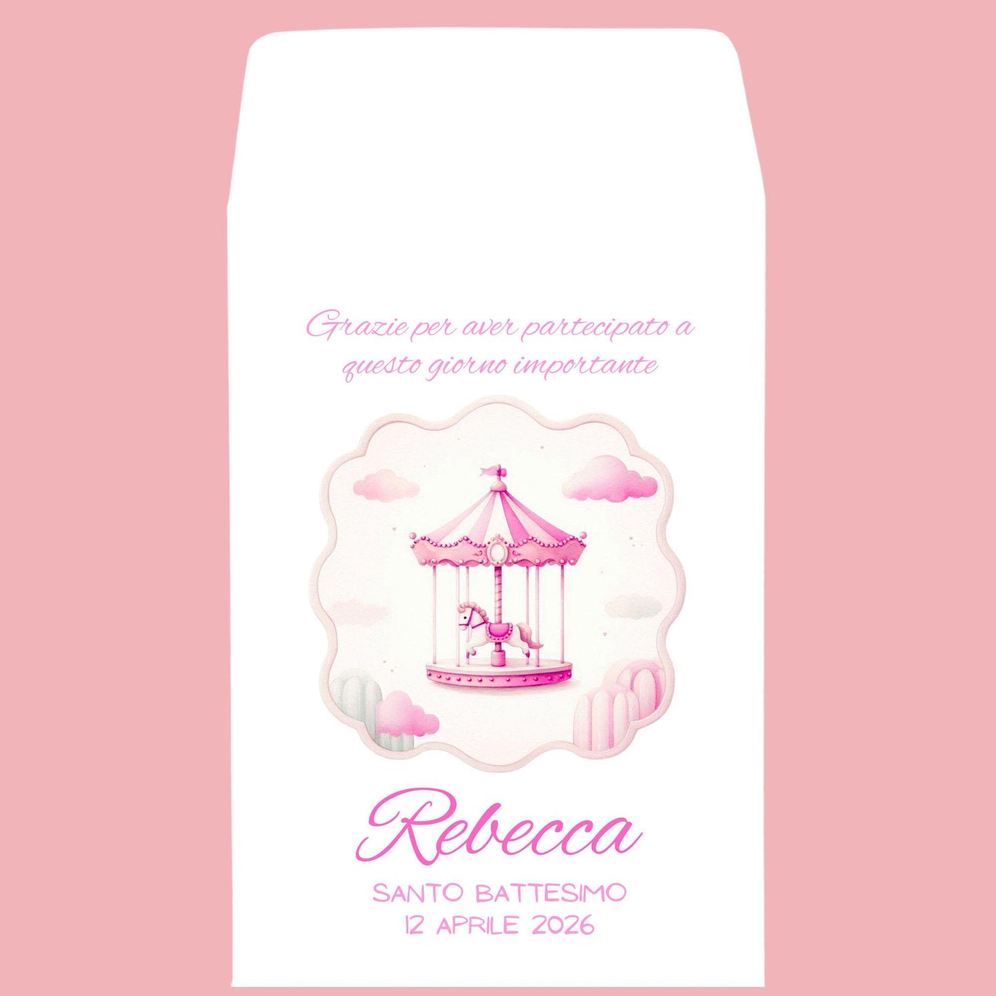 Sacchetti per confetti con giostrina carosello. Bustine per confettata battesimo o nascita. Cavallini celeste o rosa. 50 pz a confezione.