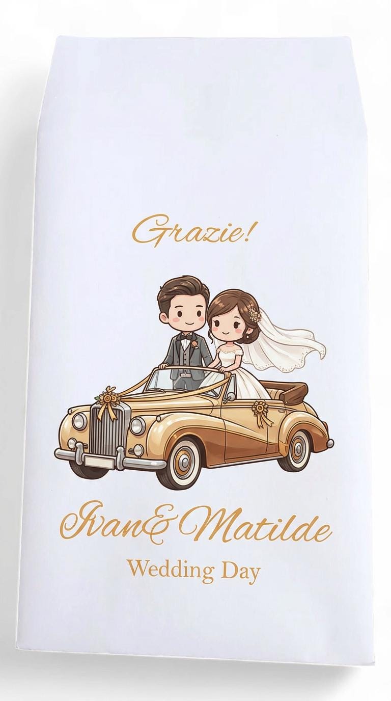 bustina per confetti con sposini cartoon su auto d'epoca