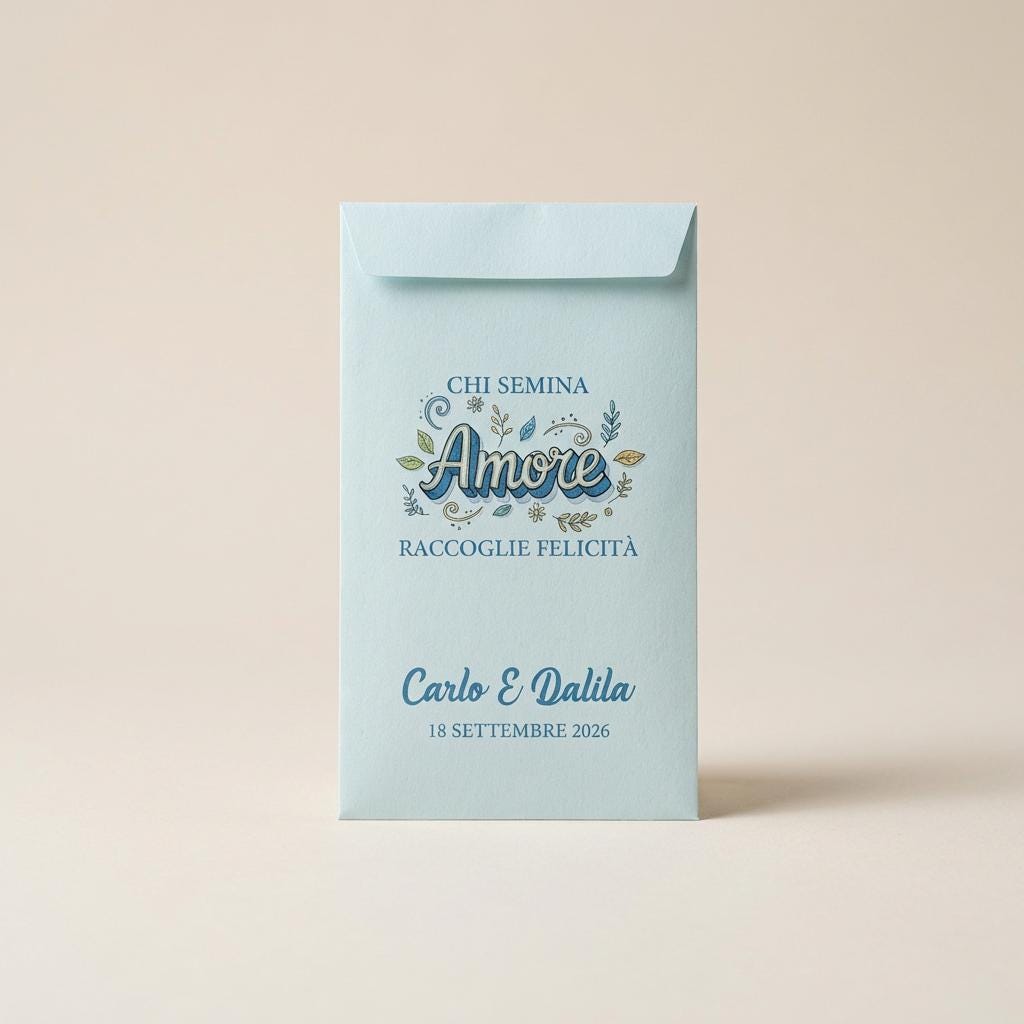 Sacchetto bomboniera celeste personalizzato per confetti, semi e caramelle. Stampa grafica e testo personalizzato.