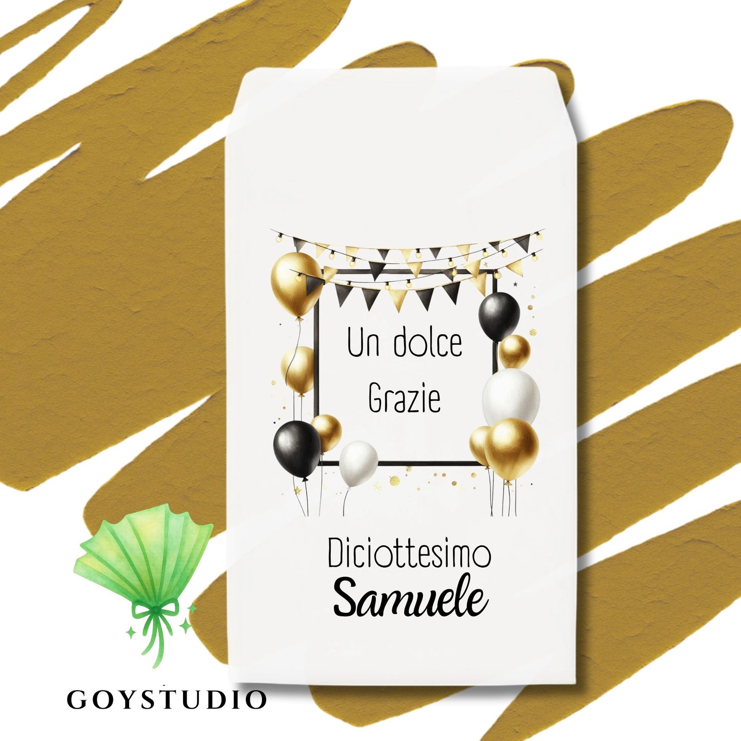 sacchetto portaconfetti bianco per 18 anni su sfondo astratto dorato. La grafica è minimalista con palloncini oro e neri, il numero "18" stilizzato, la scritta "Diciottesimo" e sotto il nome "Samuele" in corsivo nero/oro.
