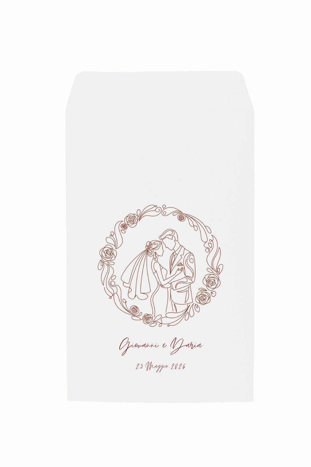 sacchetto bianco con grafica sposi personalizzata bordeaux