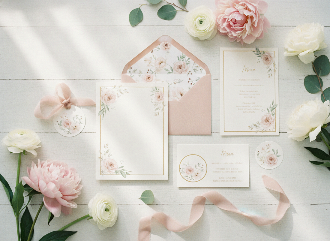 Coordinato grafico matrimonio romantico con inviti, menu, busta e fiori rosa cipria su sfondo bianco
