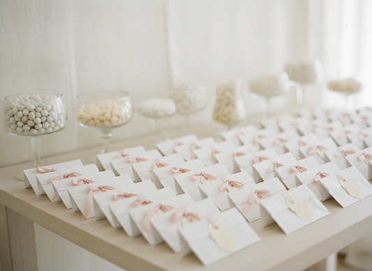 Tavolo confettata elegante con sacchetti bomboniere bianchi e fiocco rosa cipria, vasi di vetro con confetti bianchi