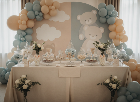 Tavolo confettata battesimo a tema orsetto con palloncini azzurri e beige, vasi di vetro con confetti e fiori bianchi