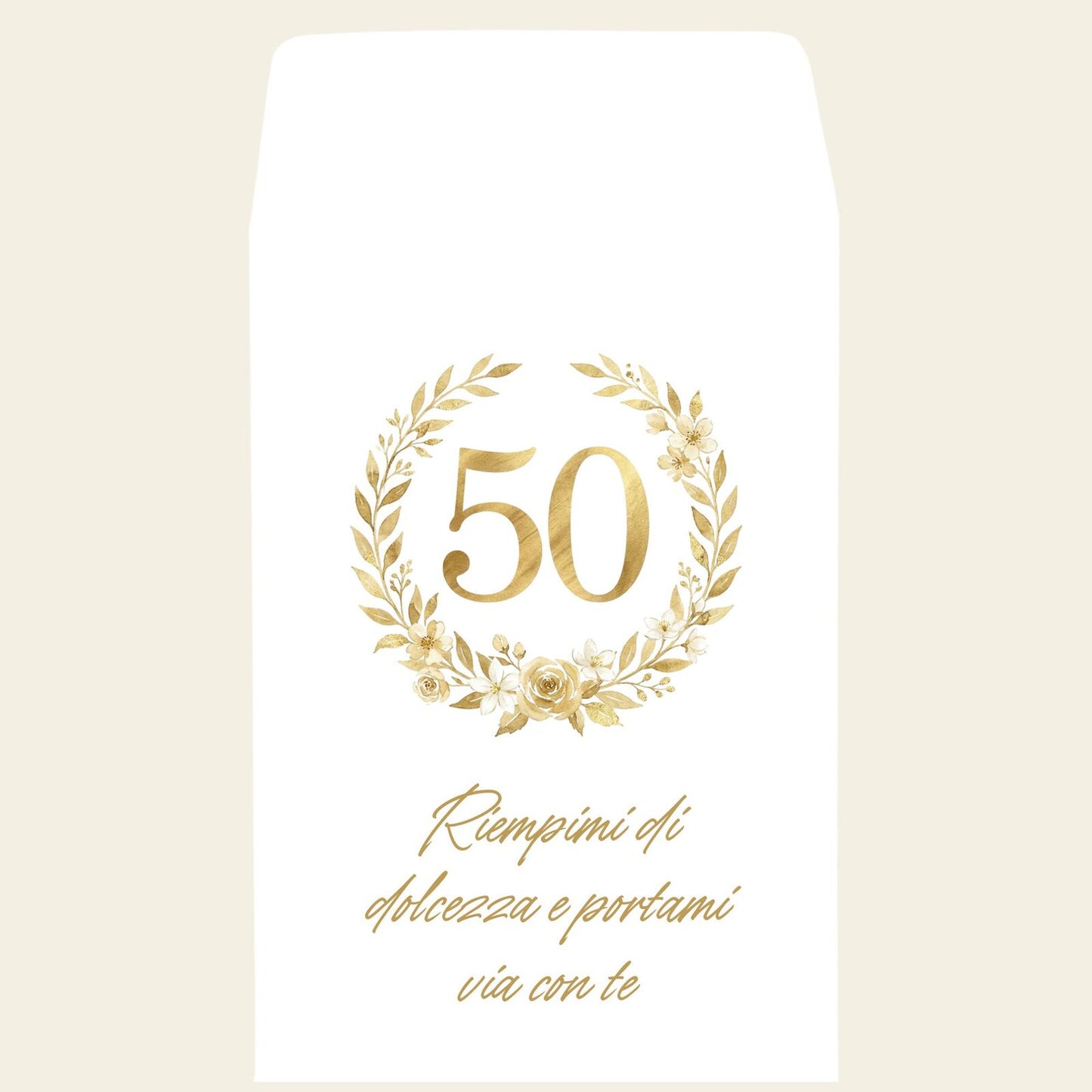sacchetto bianco con stampa del numero 50 in una coroncina di fiori con frase personalizzata colore bianco e oro