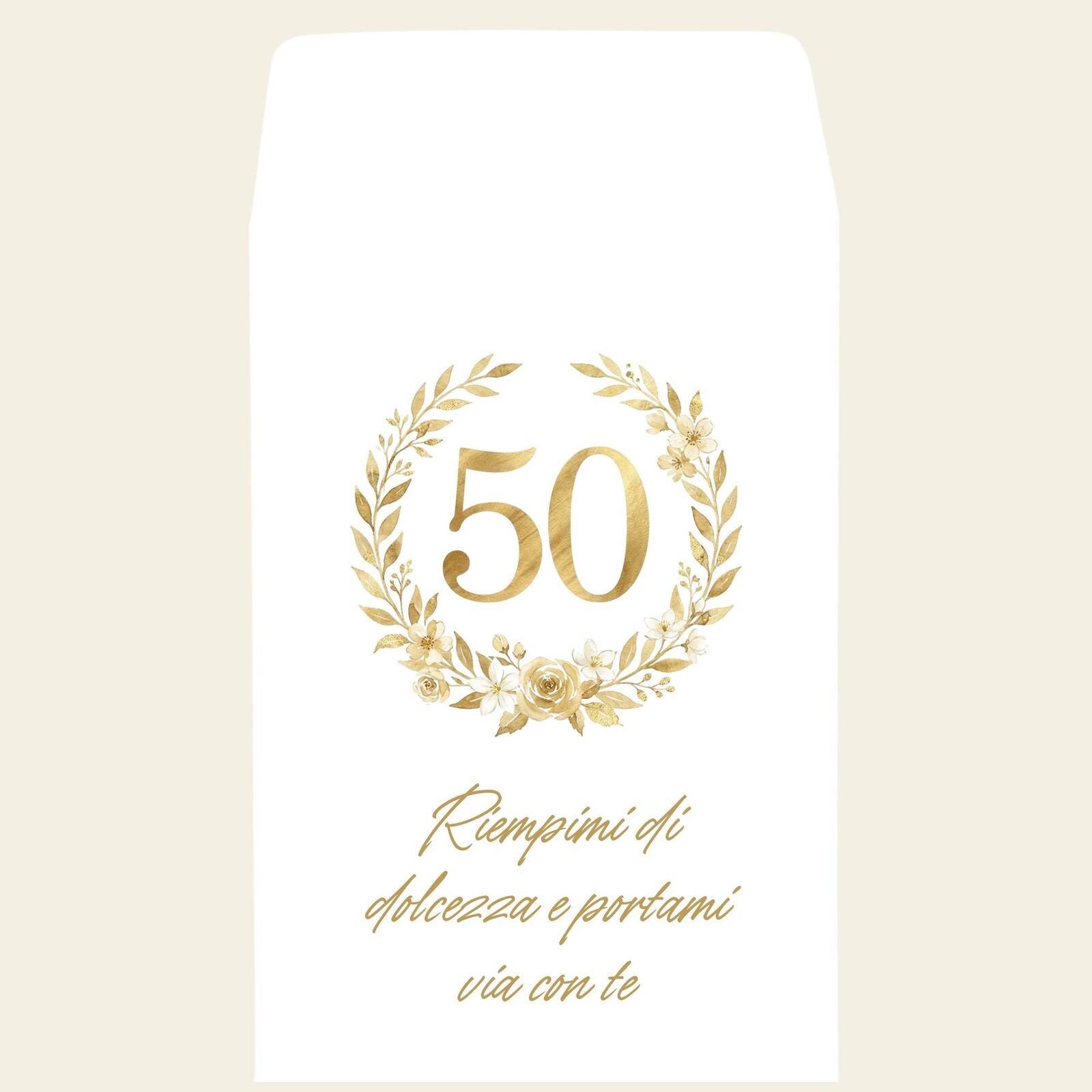 sacchetto bianco con stampa del numero 50 in una coroncina di fiori con frase personalizzata colore bianco e oro