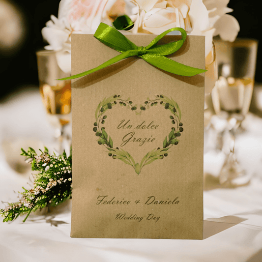 Bustine portaconfetti personalizzate motivo foglie verdi cuore romantico