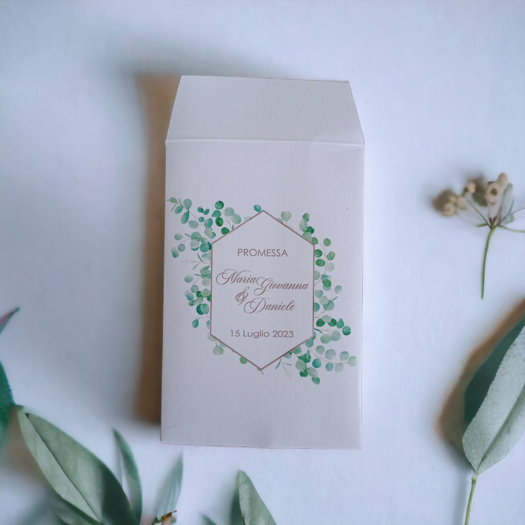 Sacchetti matrimonio eucalipto con nomi personalizzati qualità italiana