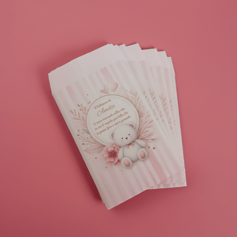 Sacchetti battesimo orsetto rosa carta personalizzati nascita righe watercolor GoyStudio