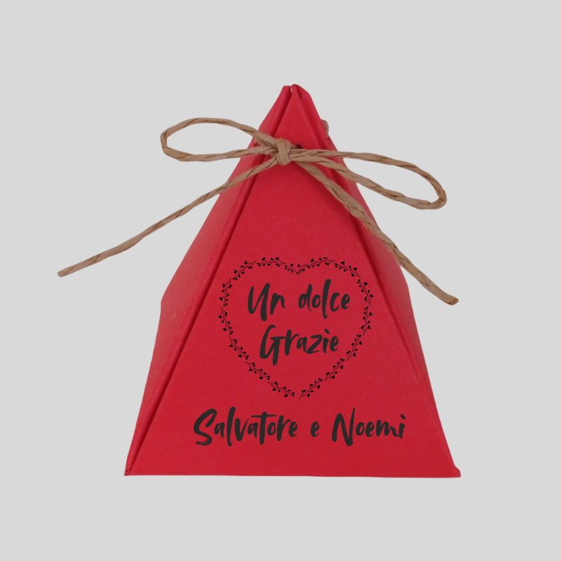 scatolina piramide matrimonio rossa con cuire personalizzato e nomi