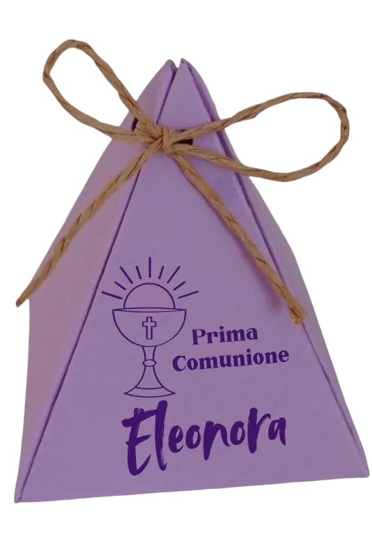 Portaconfetti comunione lilla personalizzata piramide con nome Eleonora e simbolo calice