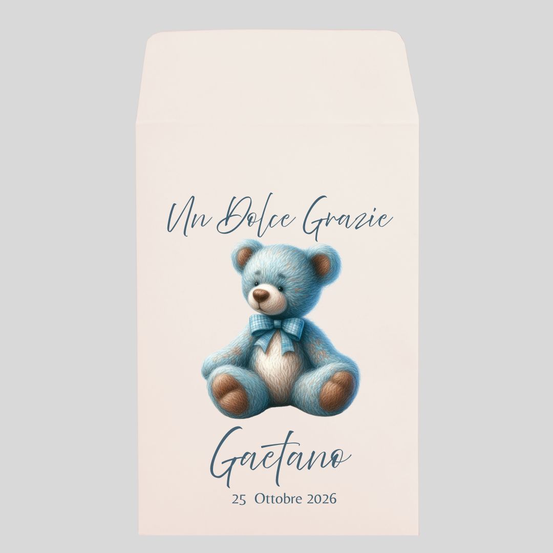 Sacchetto carta avorio personalizzato con orsetto celeste per battesimo