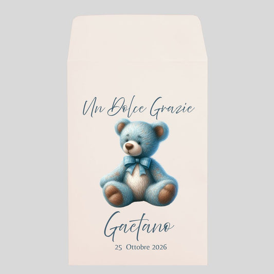 Sacchetto carta avorio personalizzato con orsetto celeste per battesimo
