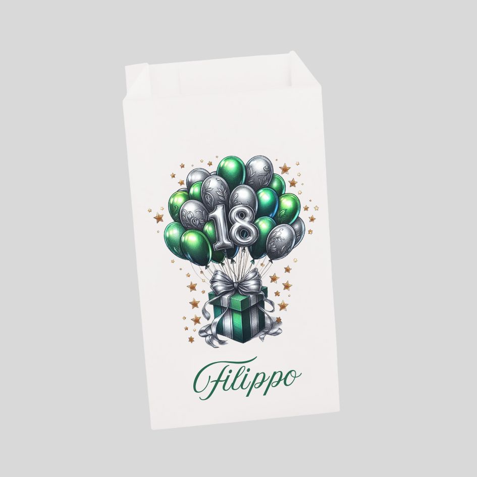 Sacchetti personalizzabili per confettata dei 18 Annipalloncini verde e argento