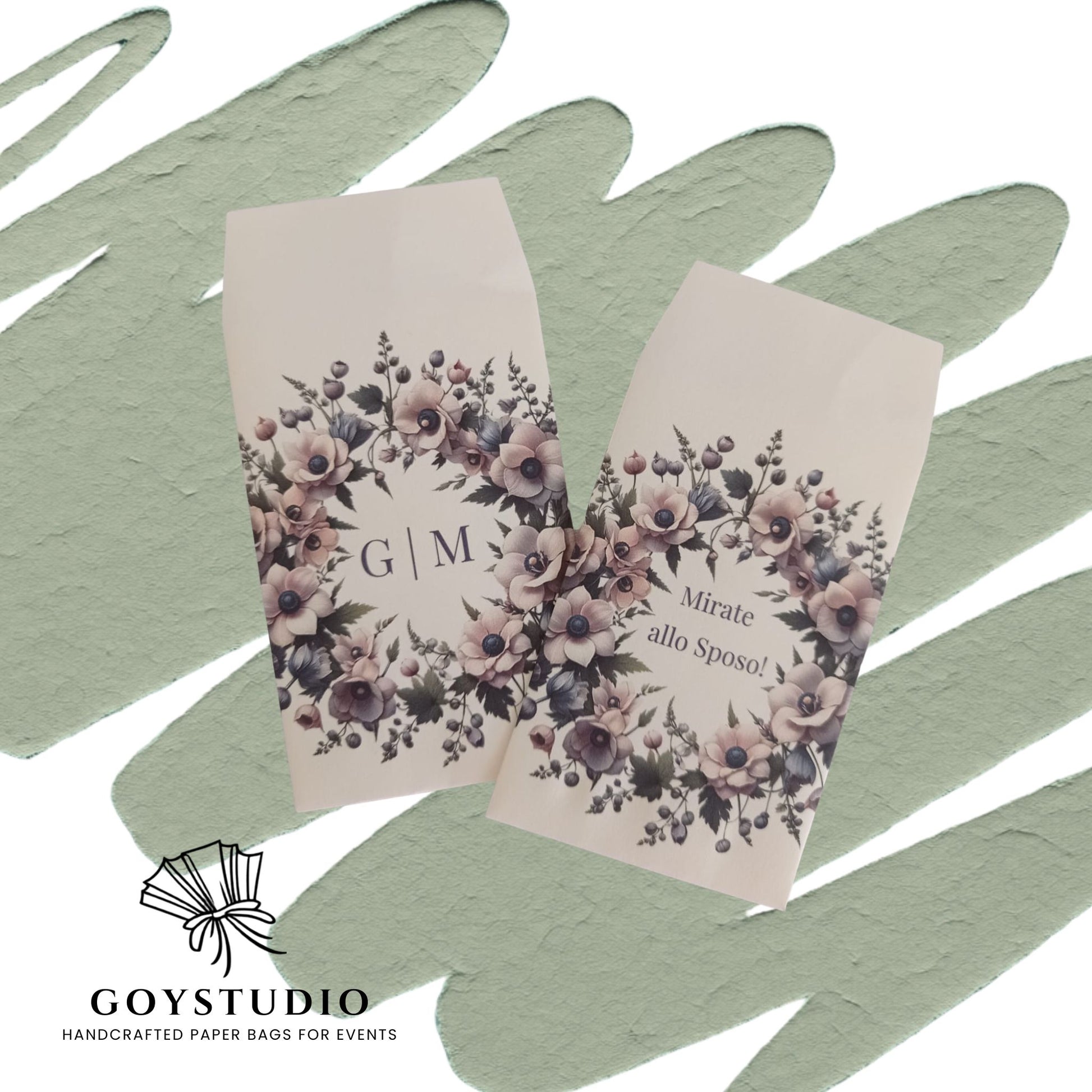Grazioni sacchetti in carta per confettata con coroncina di anemoni con al centro le iniziali degli sposi o per il lancio del riso Mirate allo sposo!