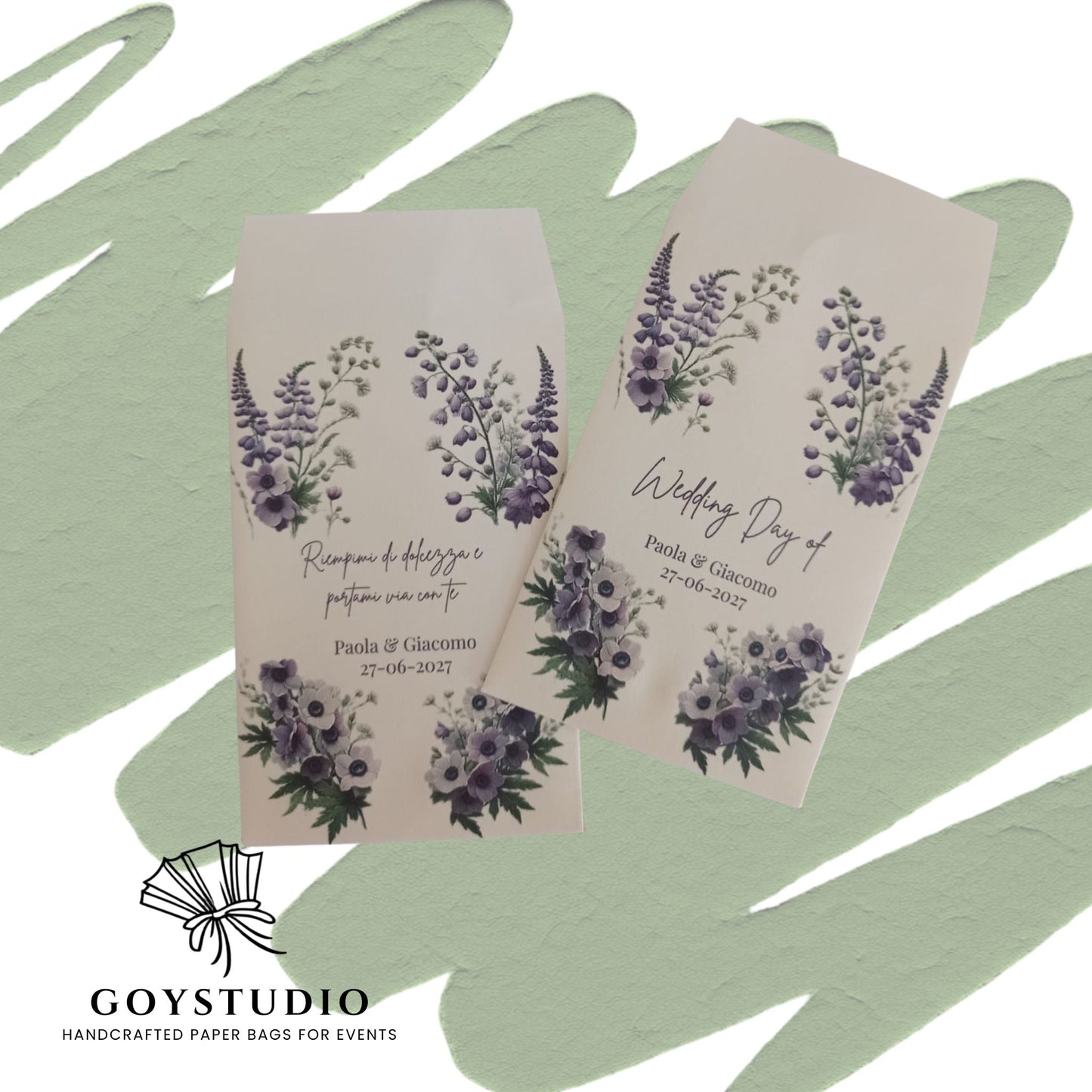 sacchetti confettata matrimonio con illustrazione floreale e testo personalizzato con nomi e data 
