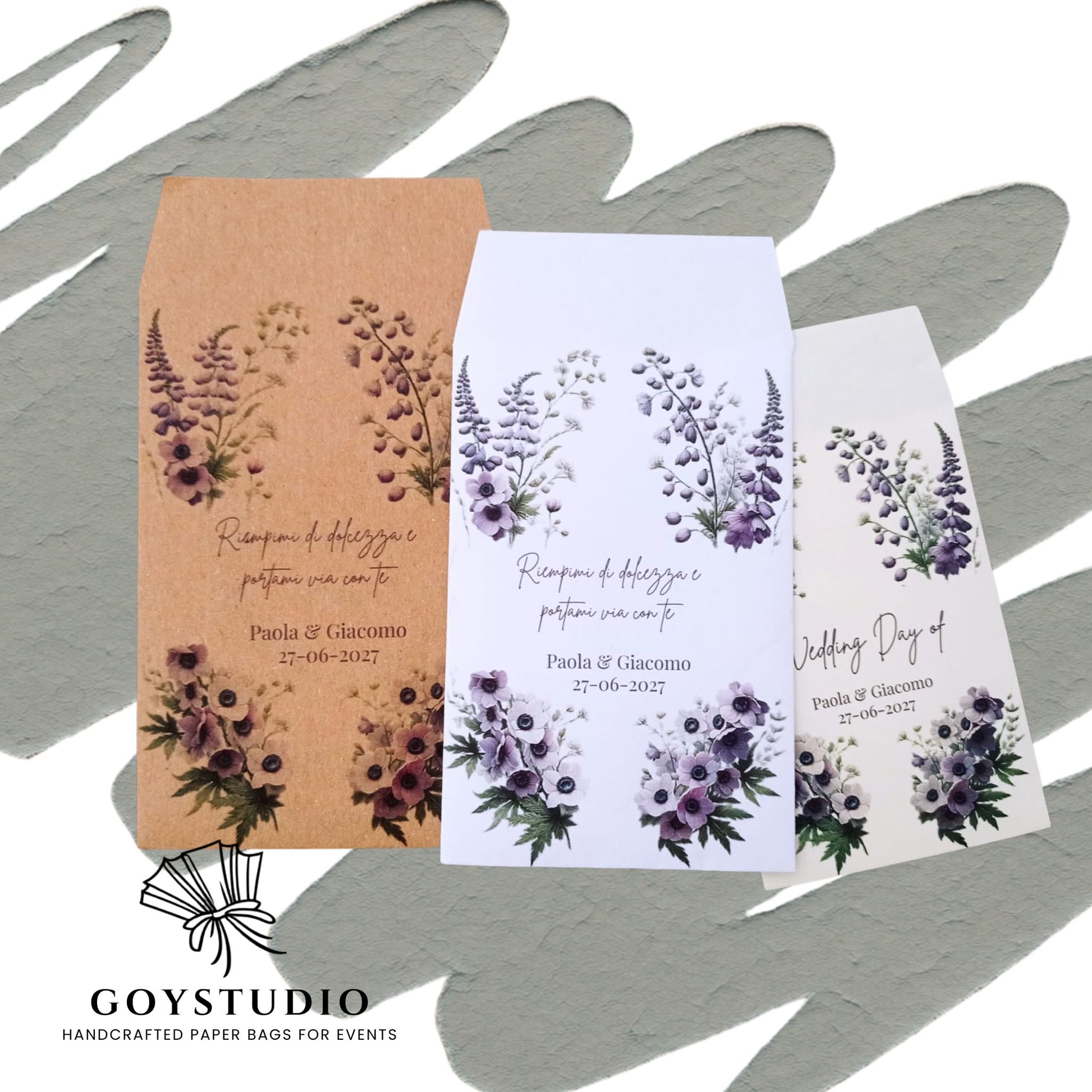SACCHETTI CARTA PER CONFETTATA MATRIMONIO in 3 diversi tipi di carta. Bainca Avorio  Kraft, con stampa floreale di fiori bianchi e lilla e testo personalizzato Riempimi di doolcezza e i nomi degli sposi
