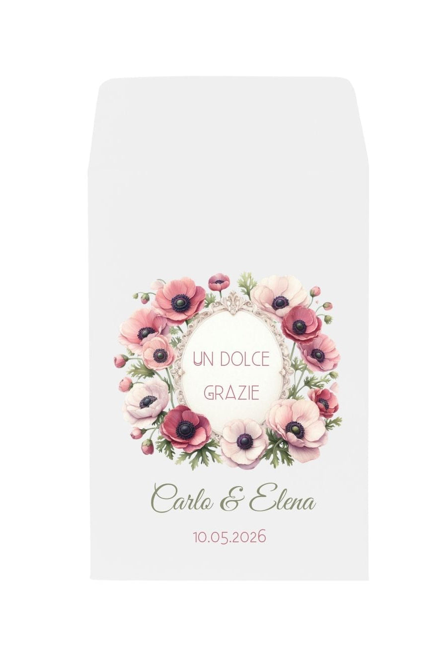 bustina per confetti confettata matrimonio bianca con elegante decorazione di ranucoli rosa e scritta un dolce grazie, nomi sposi e data 