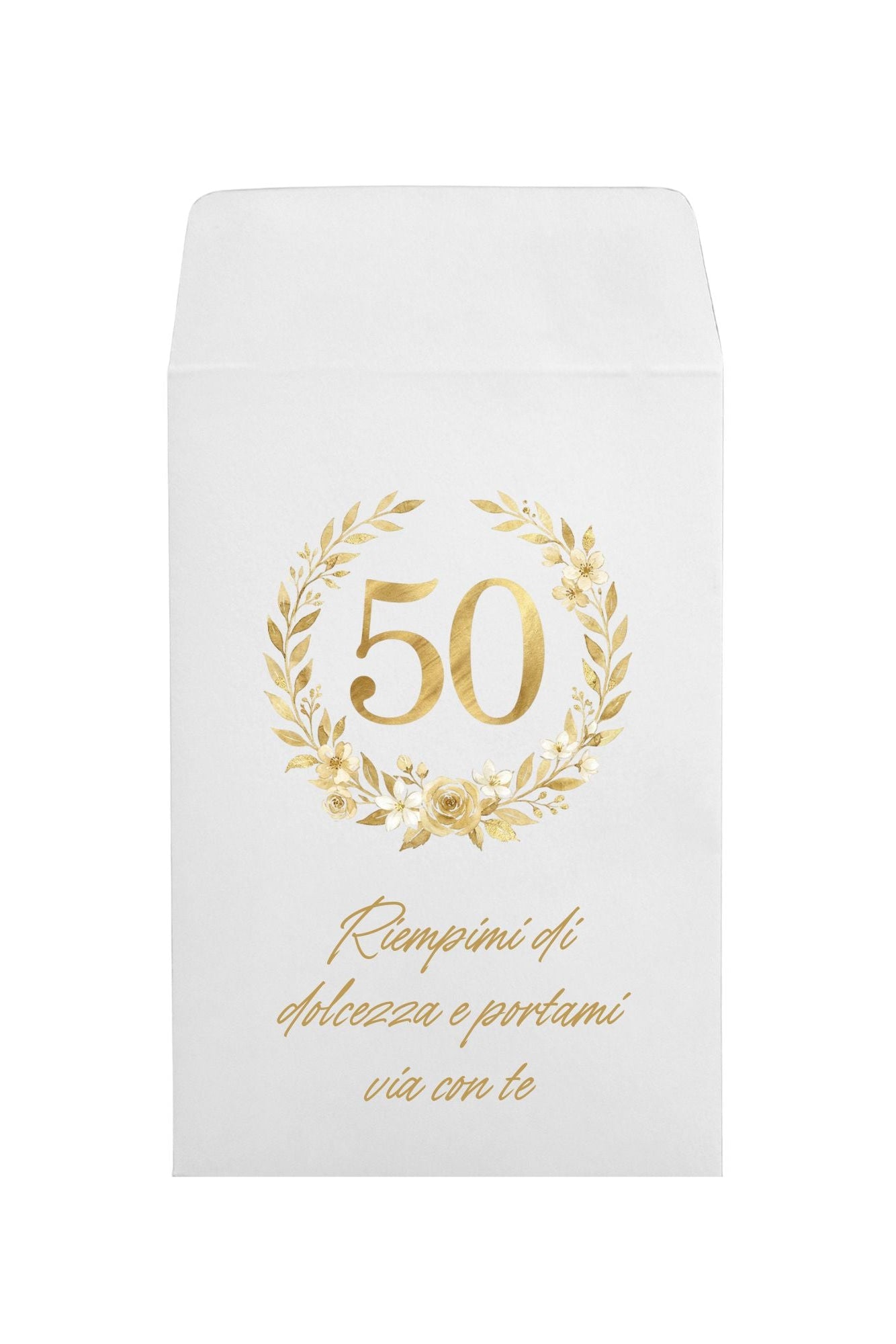 sacchetto bianco per confetti con  stampa oro 50 anni anniversario