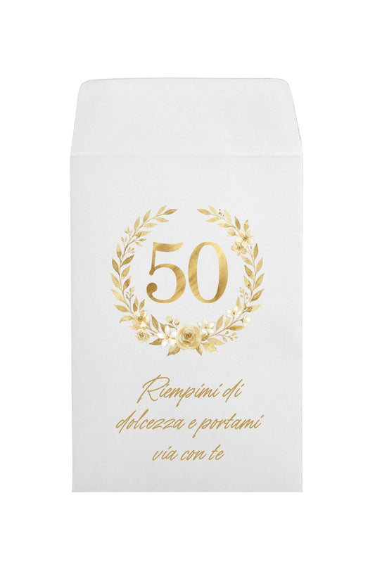 sacchetto bianco per confetti con  stampa oro 50 anni anniversario