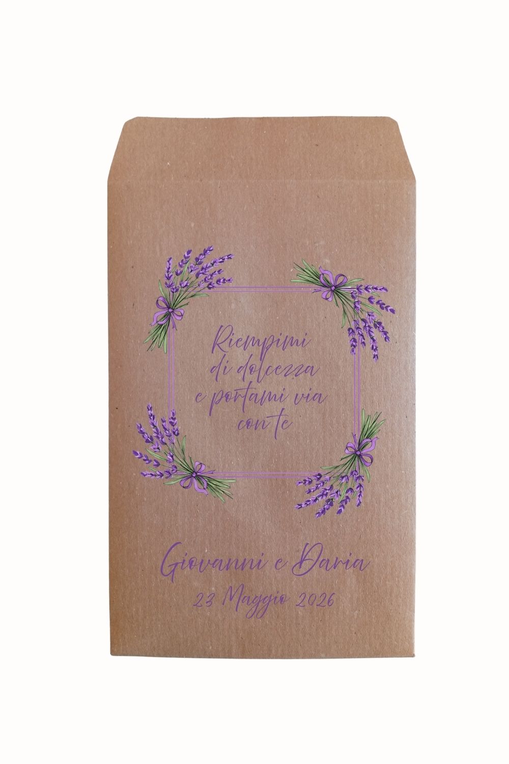 Sacchetti confetti lavanda personalizzati in carta kraft con ghirlanda botanica provenzale per matrimonio, comunione e anniversario