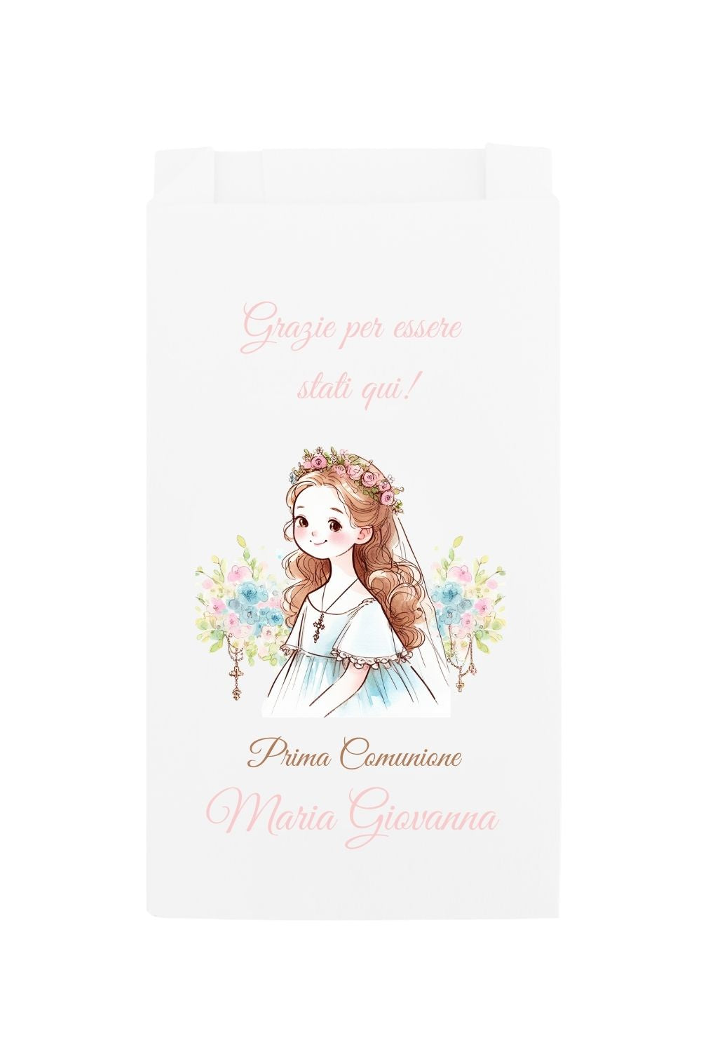 sacchetto per confetti in carta bianca con disegno di una bambina prima comunionecon decorazione di fiori e testo personalizzato grazie di essere stati qui , Giovanna.