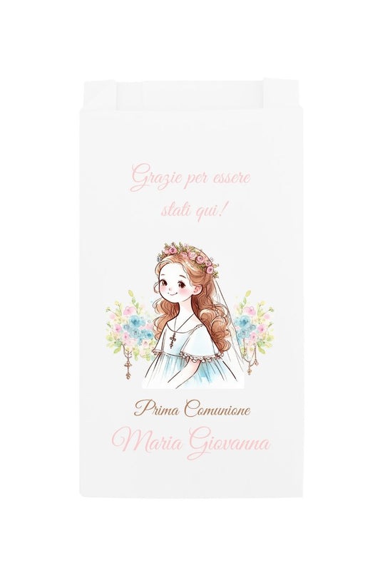 sacchetto per confetti in carta bianca con disegno di una bambina prima comunionecon decorazione di fiori e testo personalizzato grazie di essere stati qui , Giovanna.