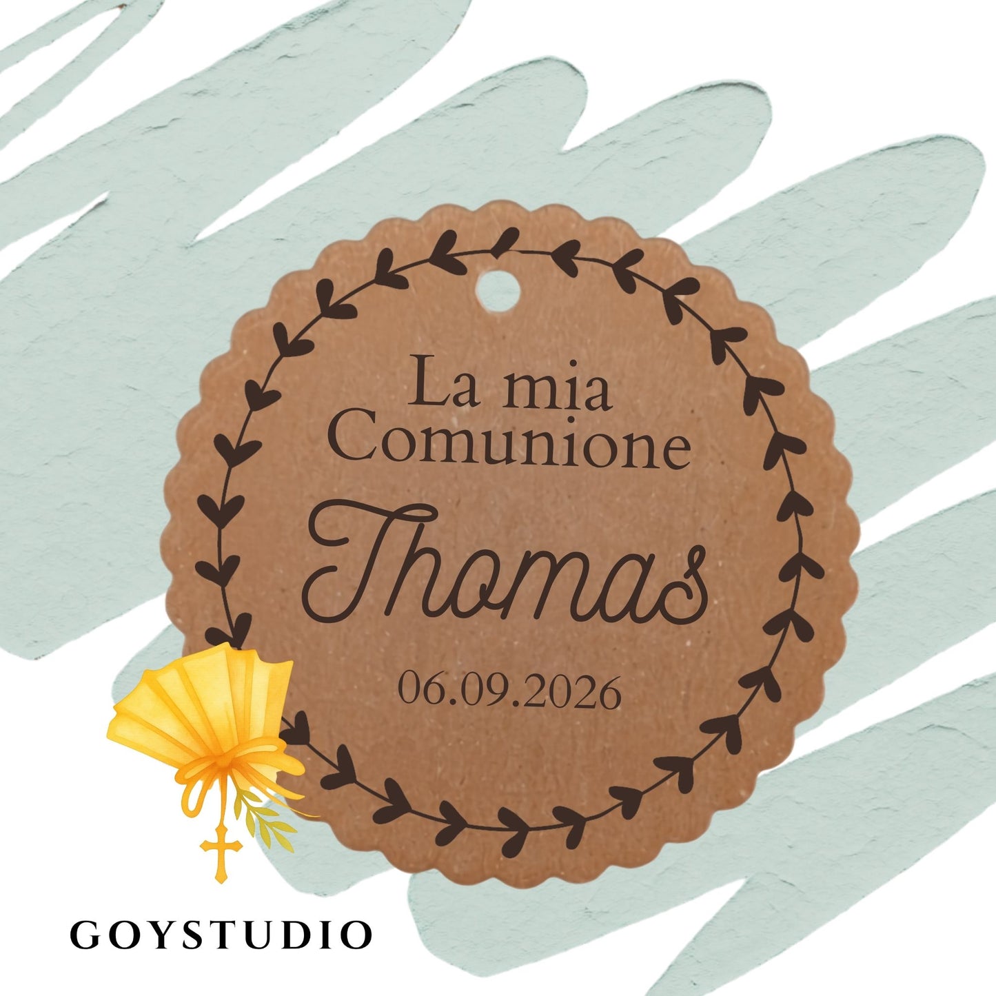 Tag personalizzati in cartoncino kraft ecologico per festa di prima comunione