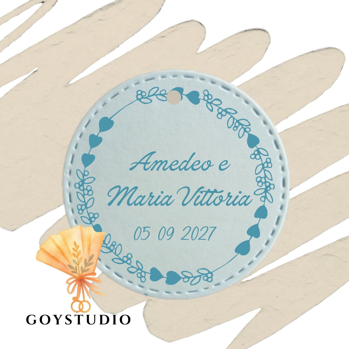 Etichette personalizzate celesti rotonde coordinate per sacchetti confettata e segnaposto matrimonio