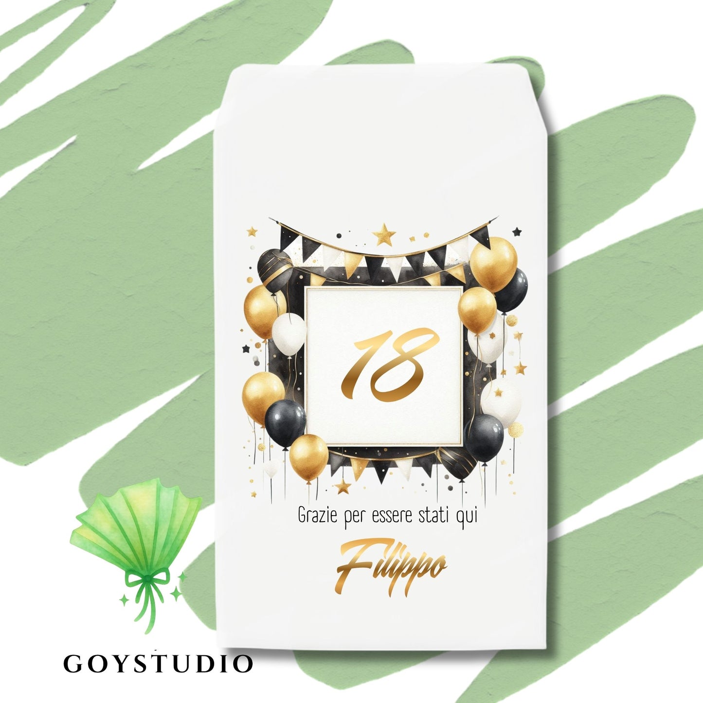 Vista in miniatura di un sacchetto portaconfetti bianco per 18 anni su sfondo astratto verde. La grafica include palloncini neri e oro festosi, il numero "18" al centro in un riquadro dorato e la scritta personalizzata "Filippo" sotto in corsivo dorato