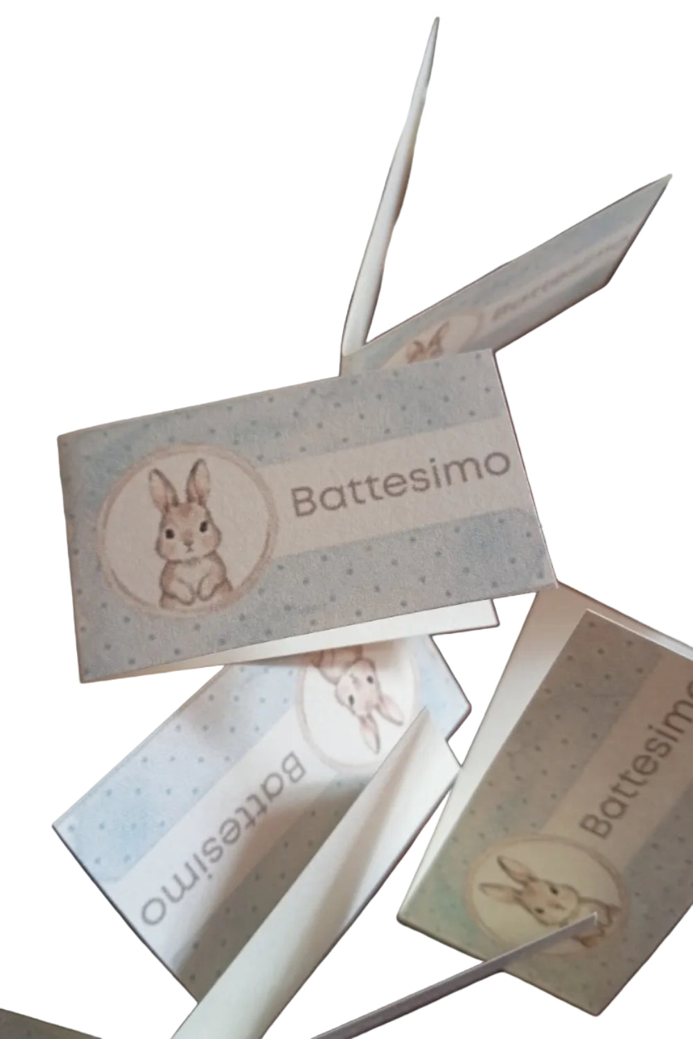 Bigliettino bomboniera battesimo bambino tema coniglietto azzurro con pois - tag stampabile A4