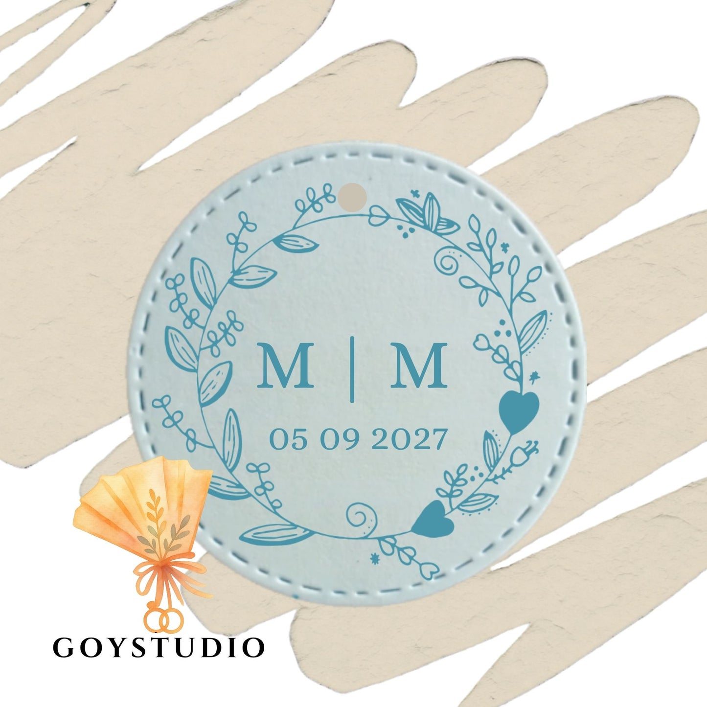 cartoncino con foro di colore celeste per bomboniere matrimonio, stampato con una coroncina floreale e le iniziali degli sposi 