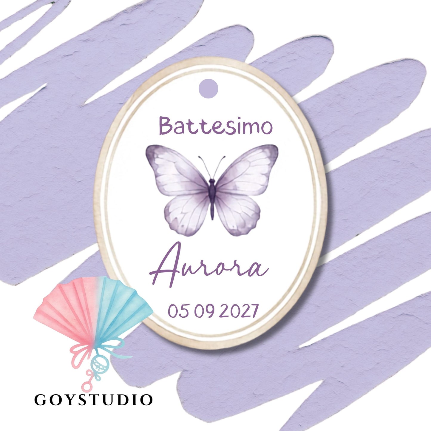 biglietto ovale per battesimo con stampa farfalla e testo dedicato sui colori del lilla e lavanda