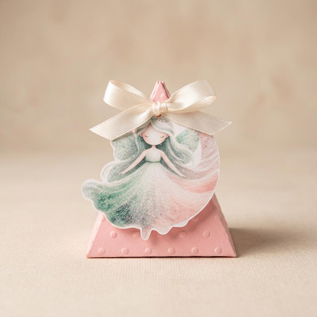 scatolina rosa a forma di piramide per prima comunione con un tag a forma di fata