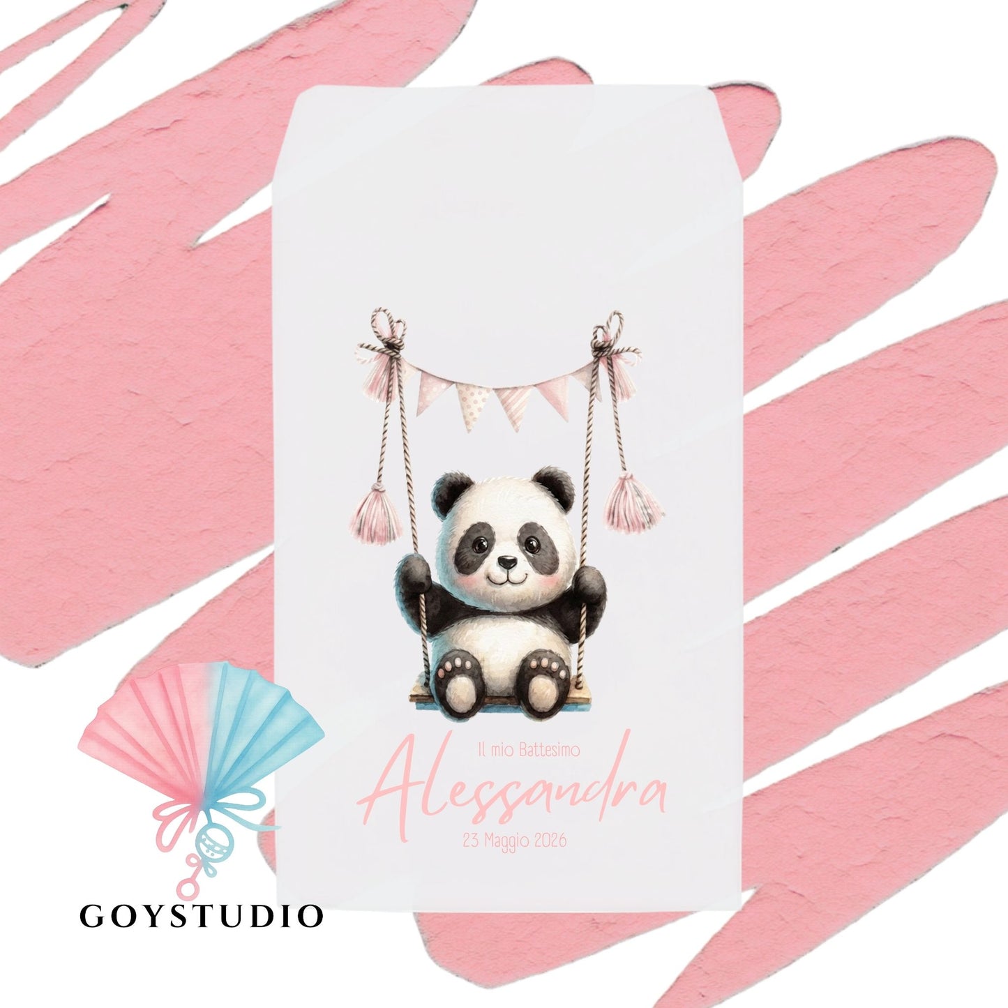Dettaglio di sacchetto portaconfetti per battesimo con grafica panda su altalena e nome personalizzato 'Alessandra'
