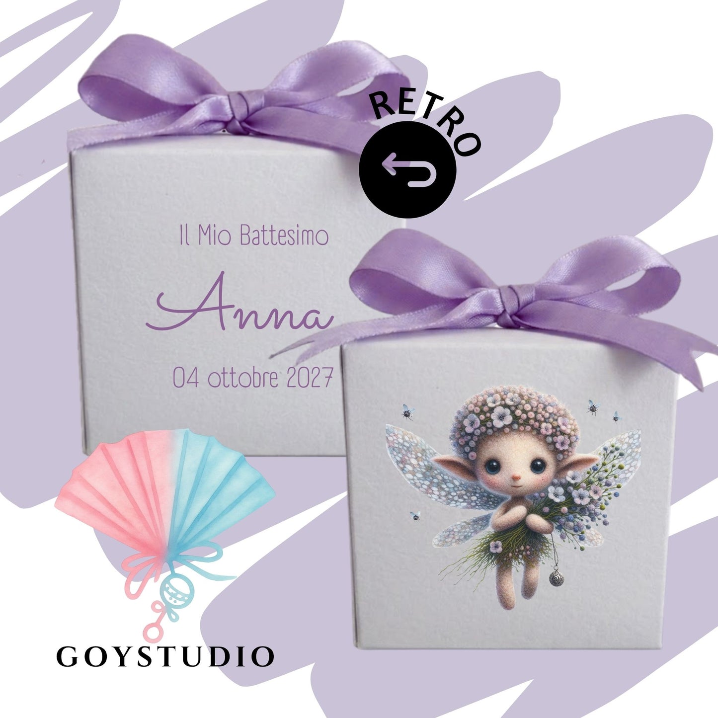 Dettaglio del retro personalizzato della scatolina portaconfetti da battesimo con nome della bambina e data dell'evento.