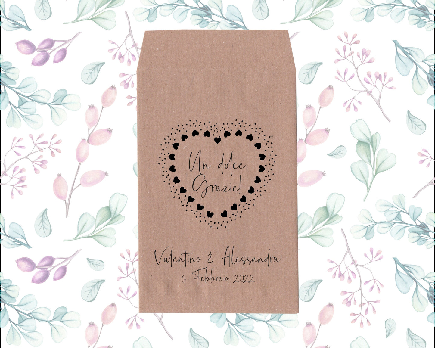 Sacchetti personalizzati in carta kraft 50 pezzi Matrimonio, Anniversario, Fidanzamento bustine confetti confettata grafiche cuore