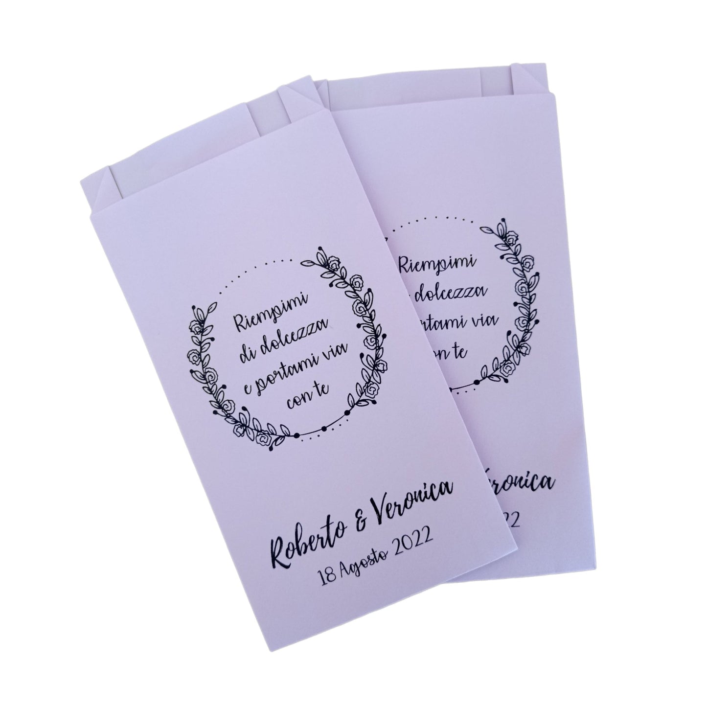 Sacchetti confettata personalizzati, matrimonio, battesimo comunione e cresima, in diversi colori. 50 bustine per confetti colorate stampate