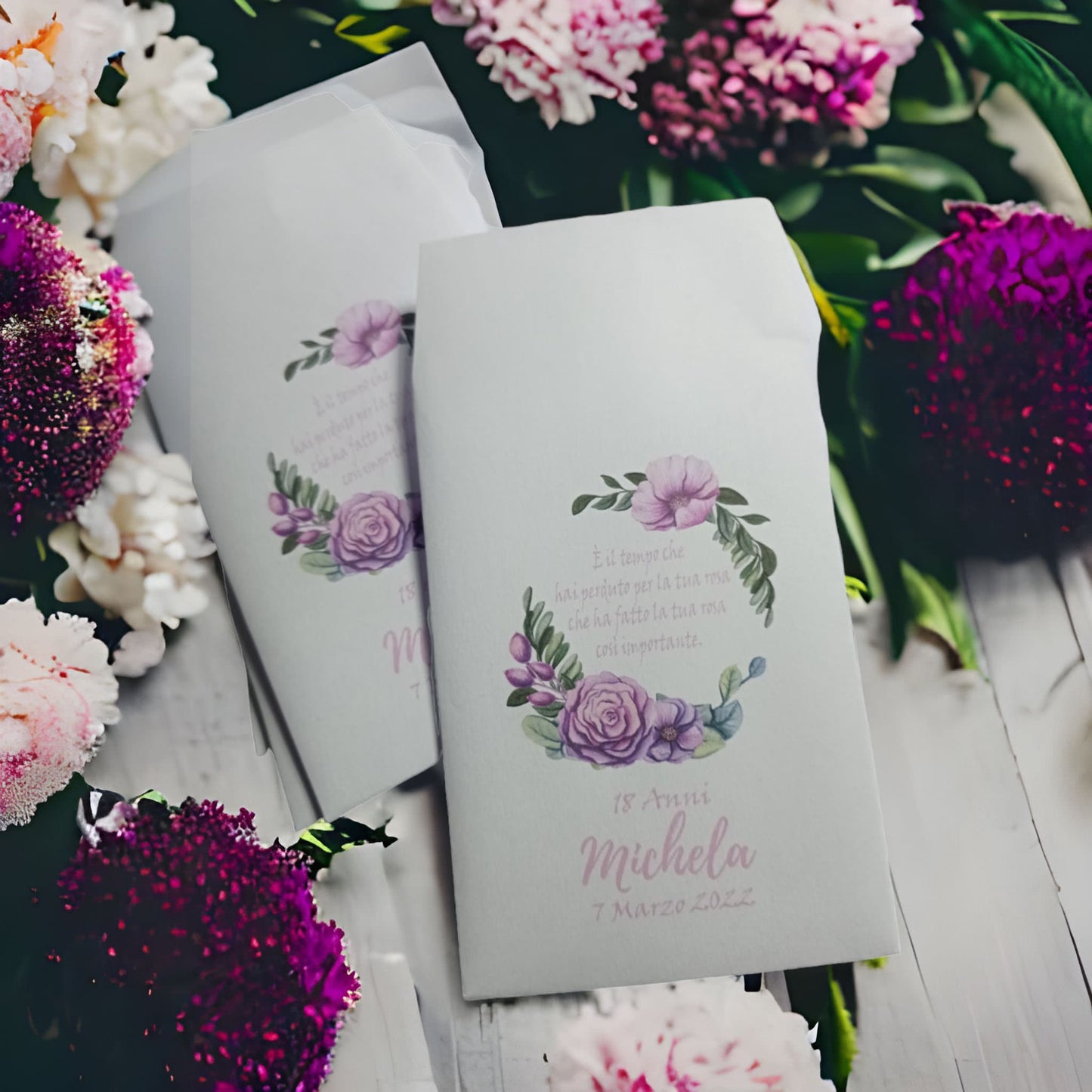 GoyStudio 50 sacchetti carta confetti personalizzabili. bustine bianche con stampa per matrimonio anniversario occasioni speciali