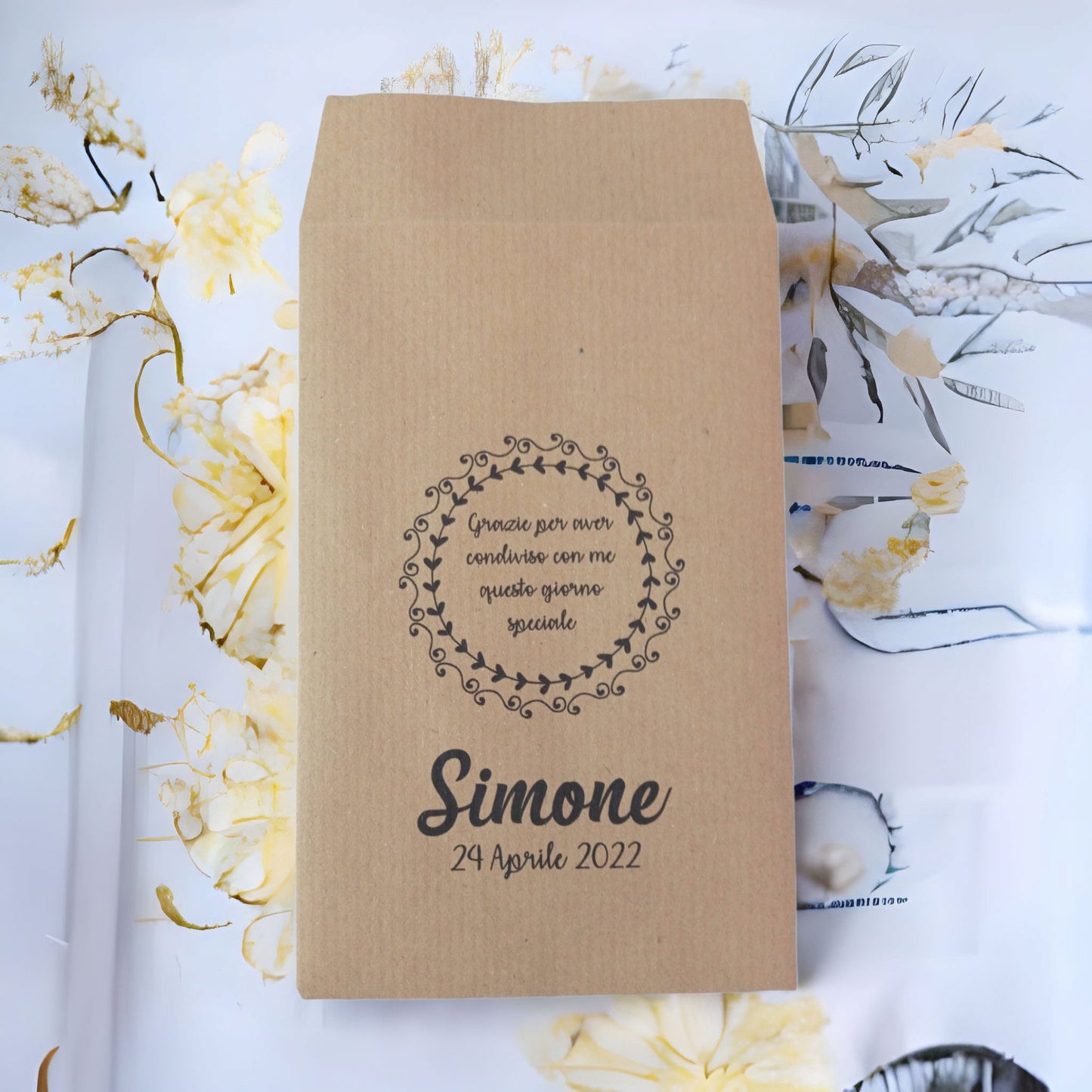 50 Sacchetti personalizzati in carta kraft, bustine carta per confettata, stampa logo personalizzato, matrimonio, comunione, battesimo.
