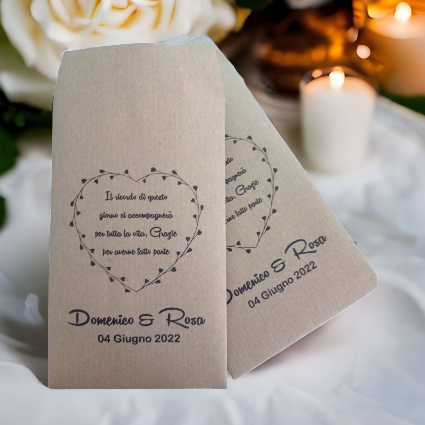 50 Sacchetti personalizzati in carta kraft, bustine carta per confettata, stampa logo personalizzato, matrimonio, comunione, battesimo.