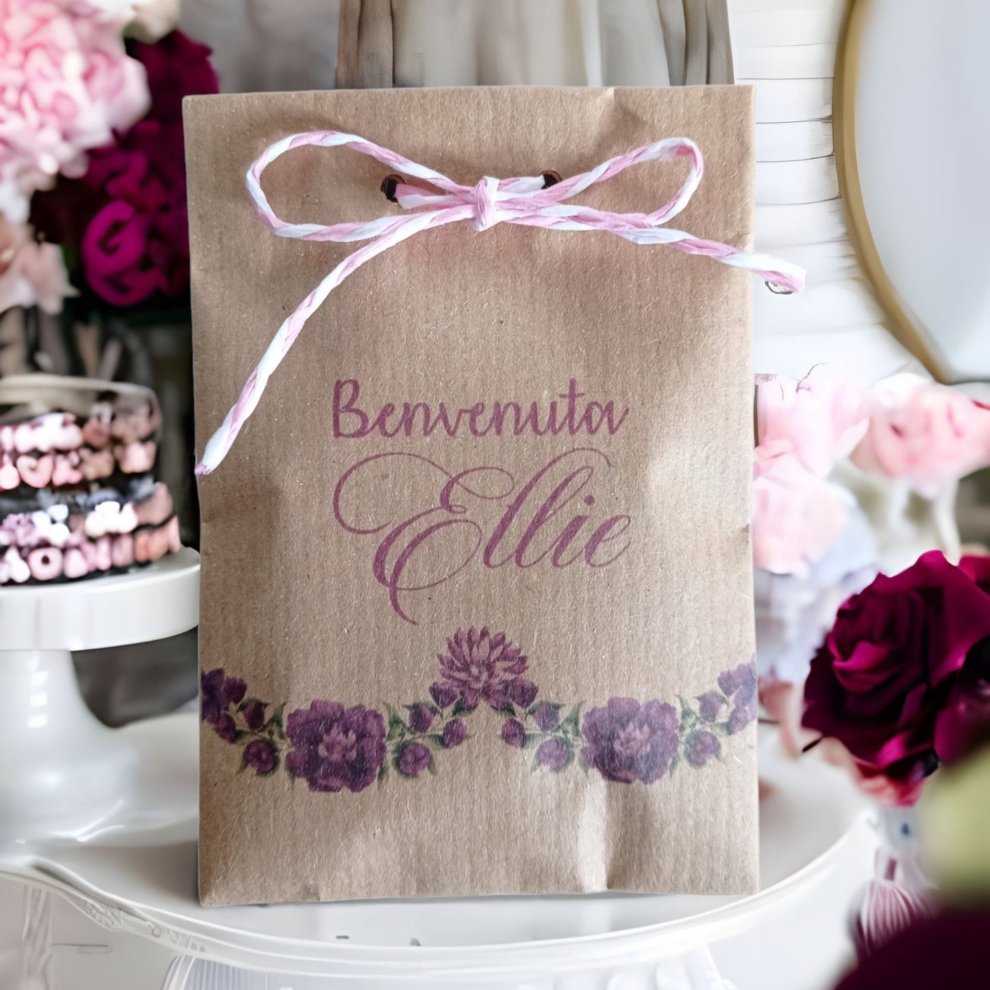 50 Sacchetti i carta Kraft stampa personalizzata stile lavanda, rose e bouquet fiori