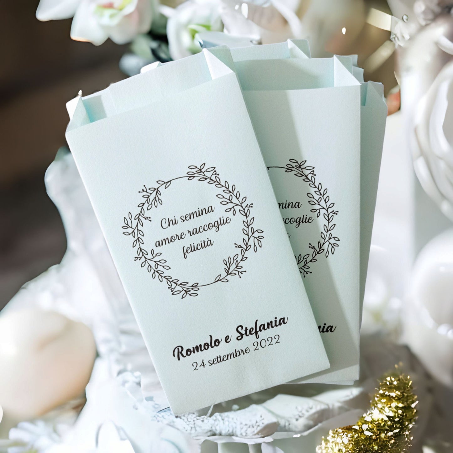 50 sacchetti carta personalizzati, confettata di matrimonio, battesimo, comunione, cresima, anniversario. Palettine segnagusto
