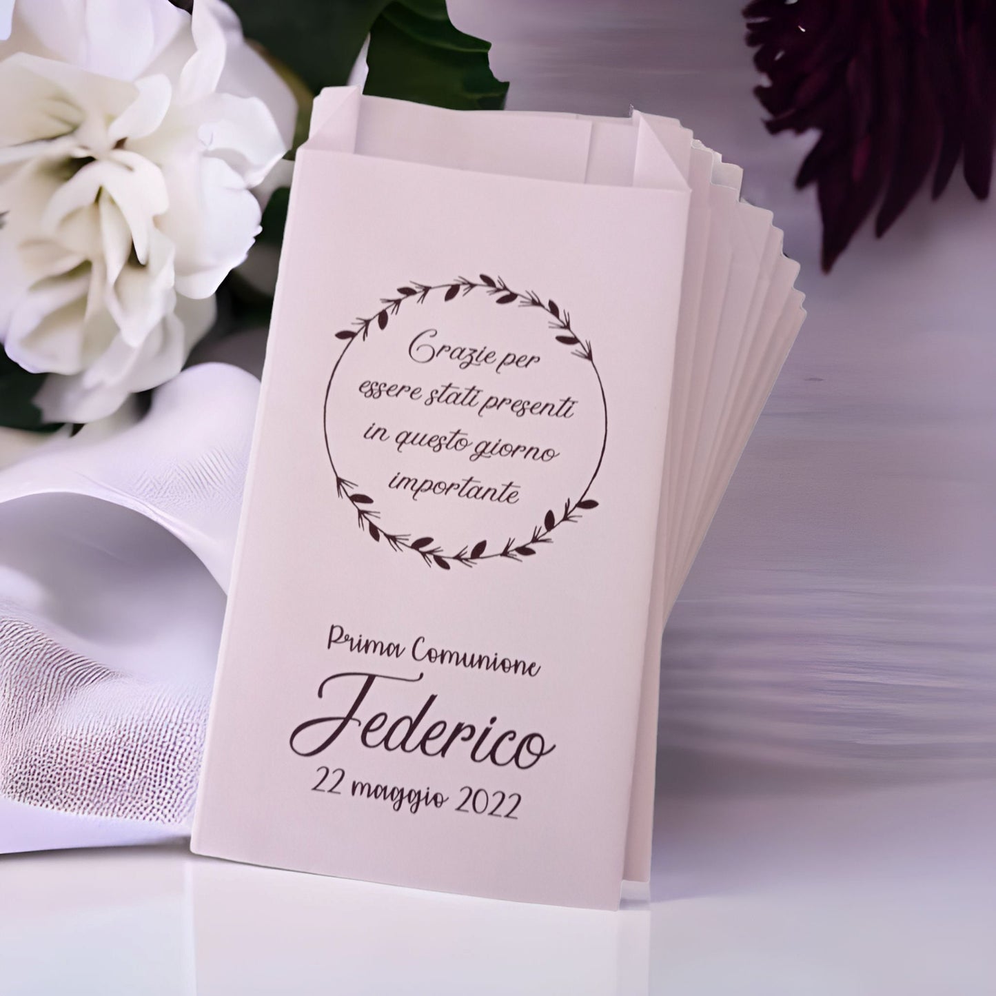 50 sacchetti carta personalizzati, confettata di matrimonio, battesimo, comunione, cresima, anniversario. Palettine segnagusto