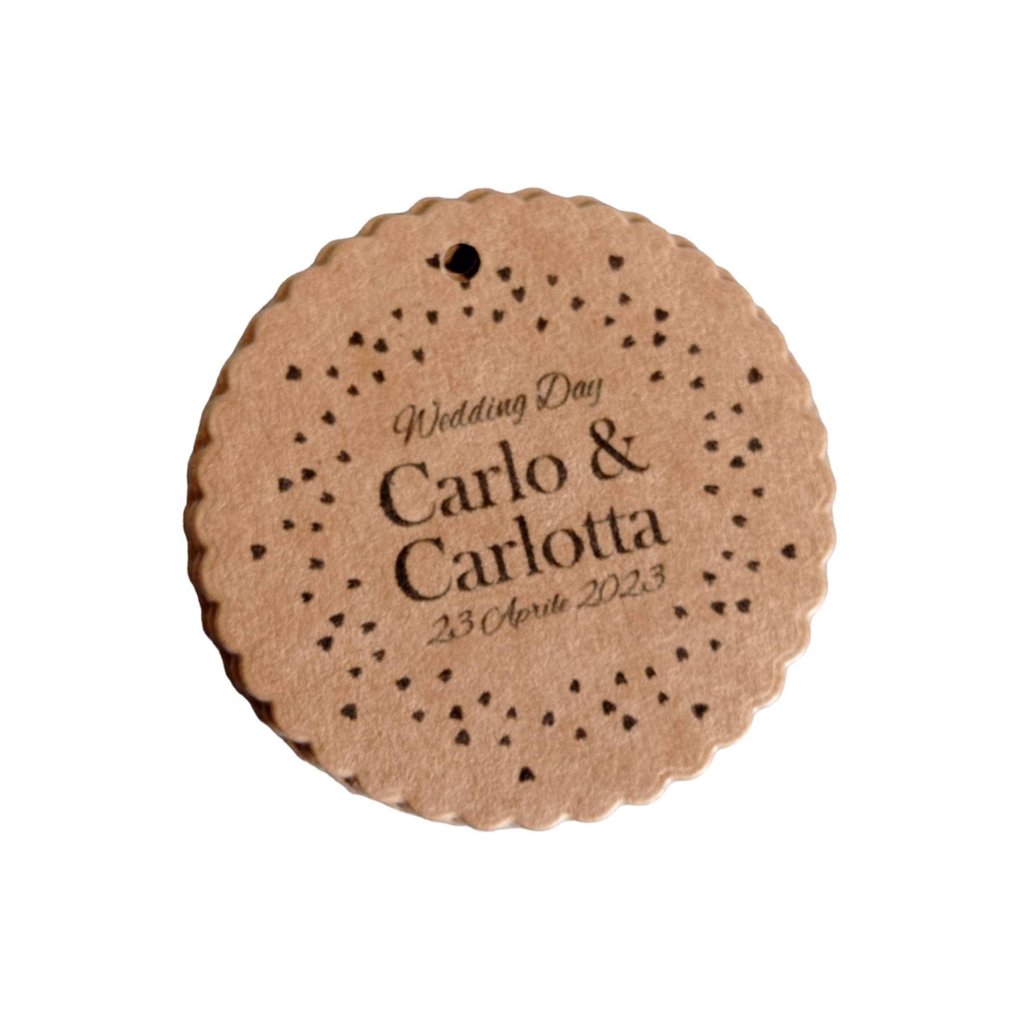 25 tag bomboniera con stampa personalizzata in cartoncino Kraft nozze comunione cresima battesimo